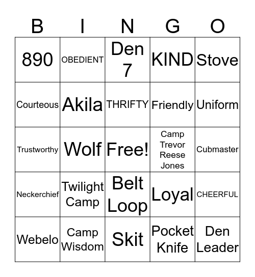 DEN 7 CUB SCOUT BINGO Card