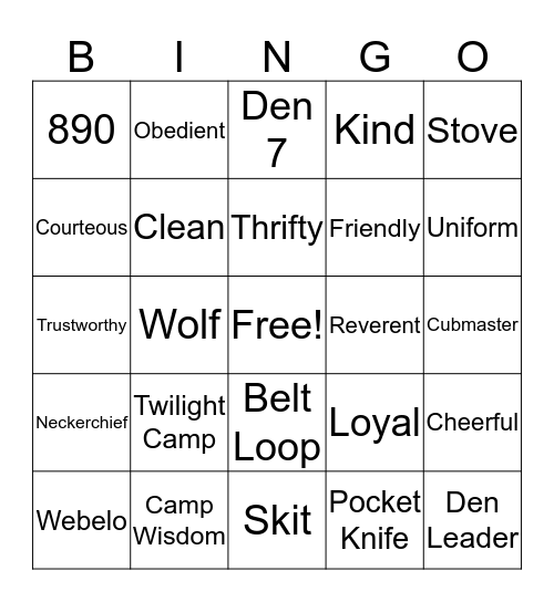 DEN 7 CUB SCOUT BINGO Card