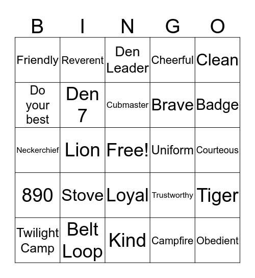 DEN 7 CUB SCOUT BINGO Card