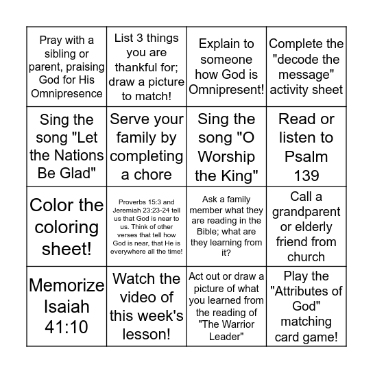 April 13th-18th Bingo Card