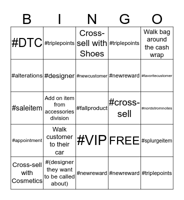 NORDSTROM #HASHTAG Bingo Card
