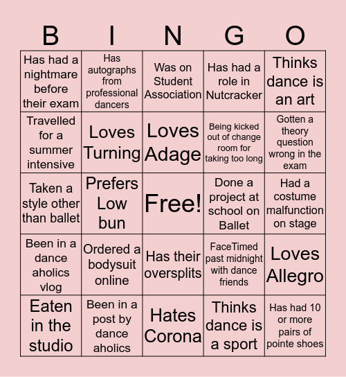 Dance Aholics Bingo! Bingo Card