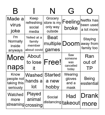 Covid Bingo Card