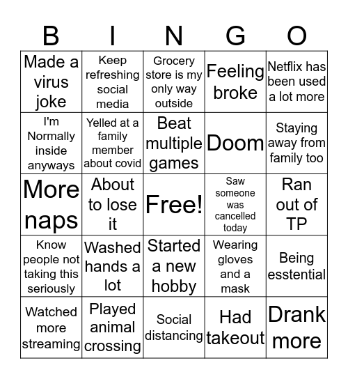 Covid Bingo Card