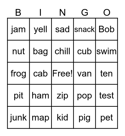 CVC short vowel sounds Bingo Card