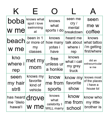 kamā’s “keola” (aka bingo) Bingo Card