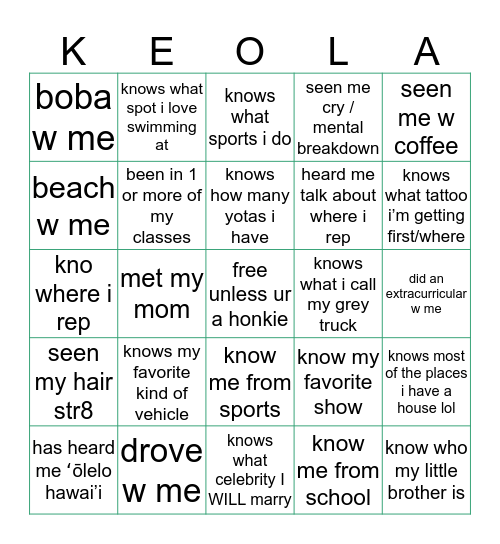 kamā’s “keola” (aka bingo) Bingo Card