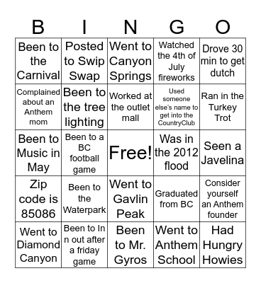 Anthem Bingo Card