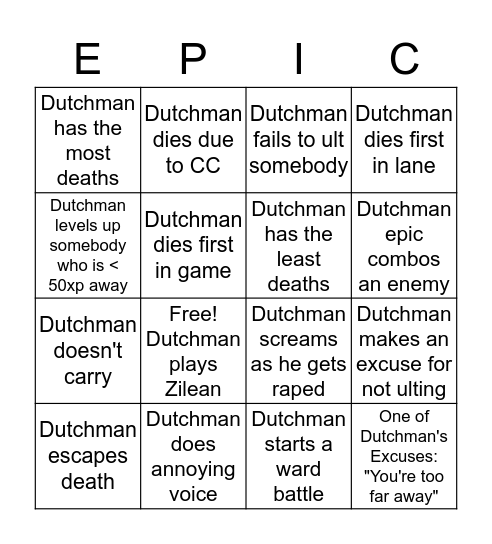 Dutchman's Stupid Actions Card Bingo Card