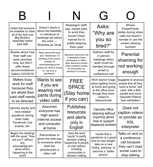 Fakequity Bingo Card