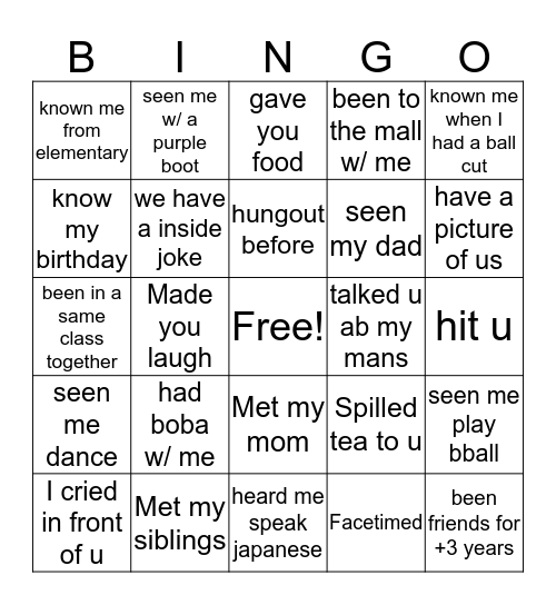 yumi’s Bingo Card