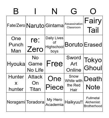 Which anime have you watched? Bingo Card