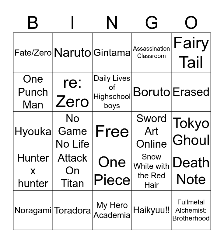 Which anime have you watched? Bingo Card