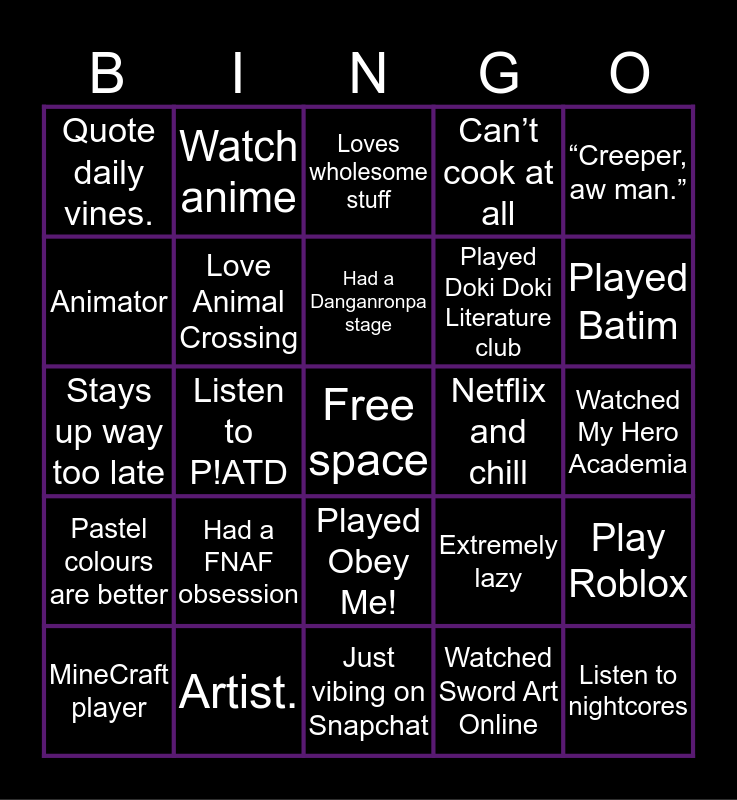 Compatibility With Me Bingo Card - roblox creeper aw man game