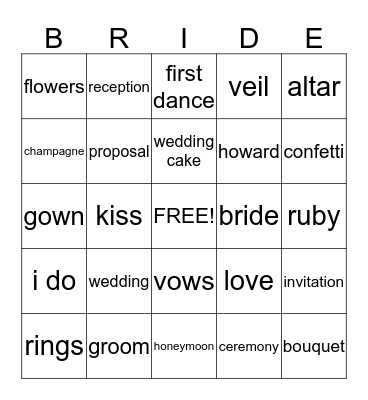 RUBY'S BRIDAL SHOWER Bingo Card