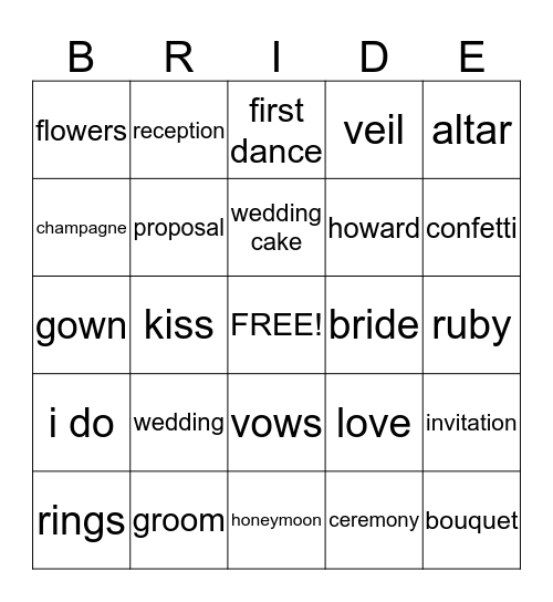 RUBY'S BRIDAL SHOWER Bingo Card