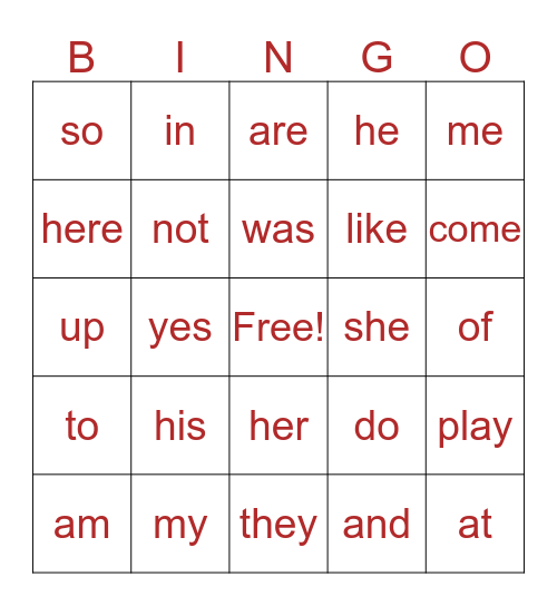 Sight Word Bingo Card