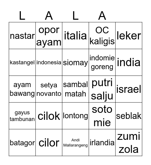 BINGO BINGUNG Bingo Card