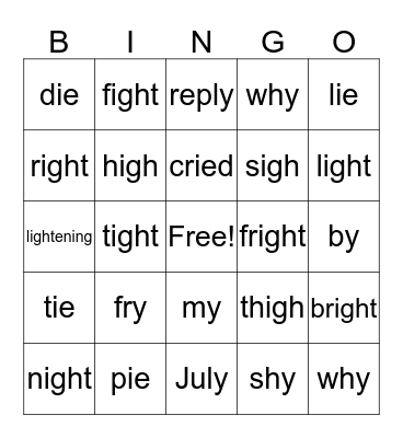 "ie," "igh," and "y" make long i sound Bingo Card