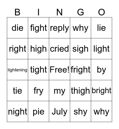 "ie," "igh," and "y" make long i sound Bingo Card