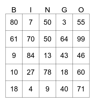 NUMBER Bingo Card