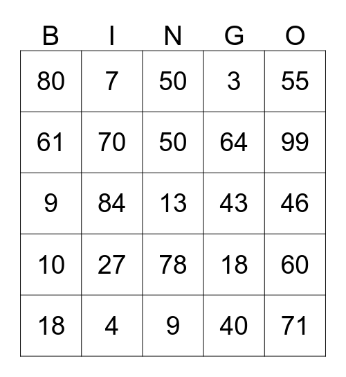 NUMBER Bingo Card