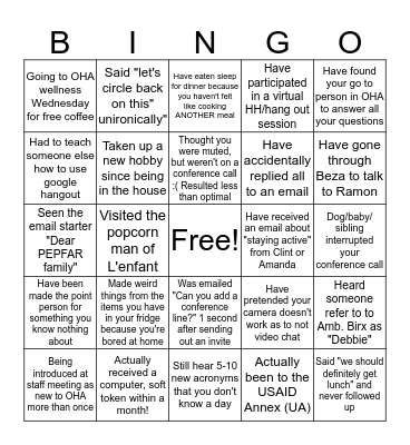 OHA Telework Bingo! Bingo Card