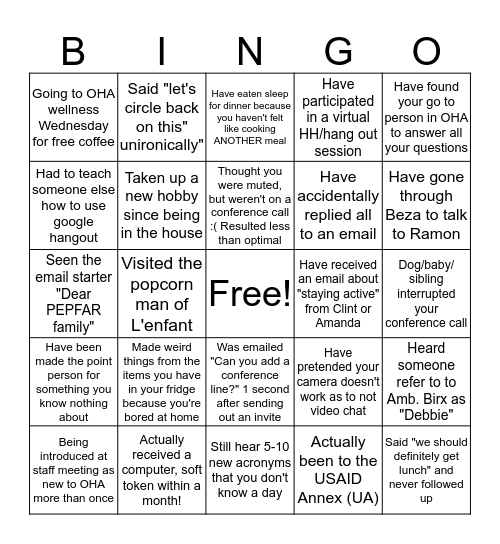 OHA Telework Bingo! Bingo Card