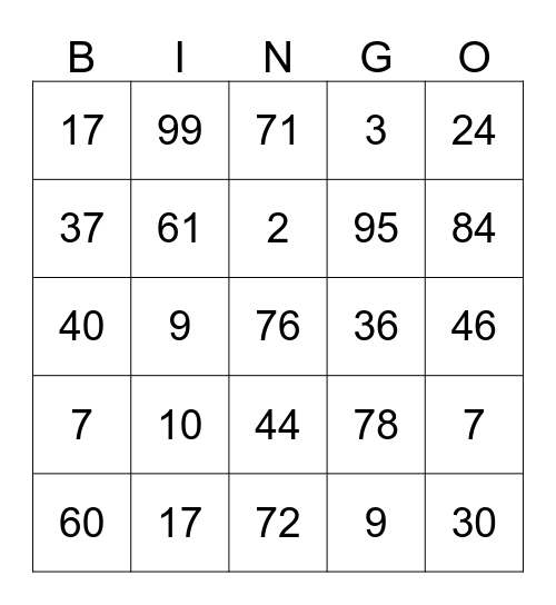 NUMBER Bingo Card