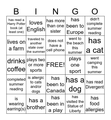 Getting to Know You Bingo Card