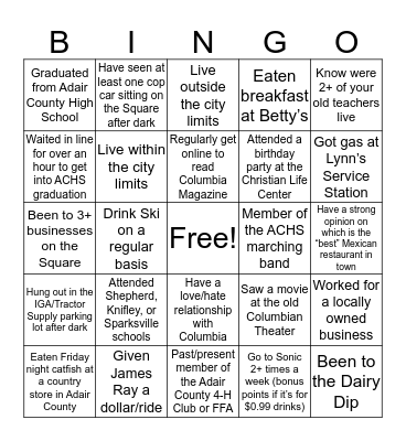Columbia Bingo Card