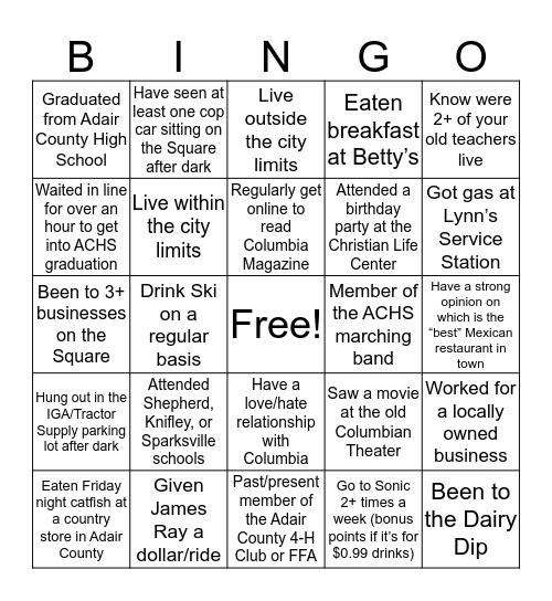 Columbia Bingo Card