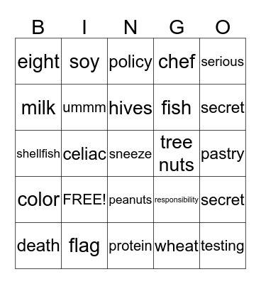 Allergen Bingo Card
