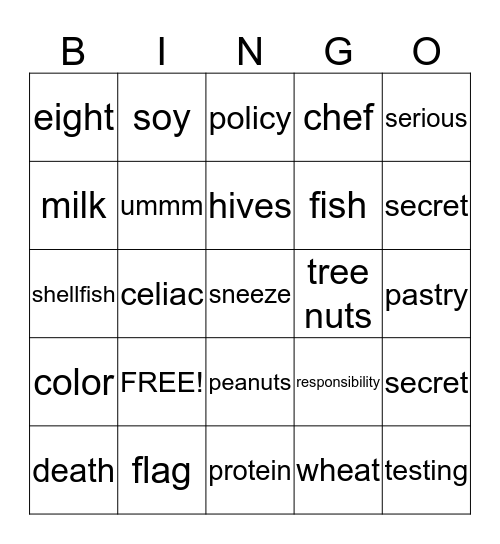 Allergen Bingo Card
