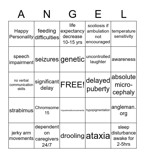 Angelman Syndrome Bingo Card