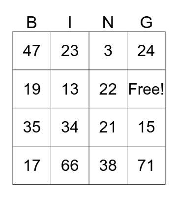 NUMBER Bingo Card