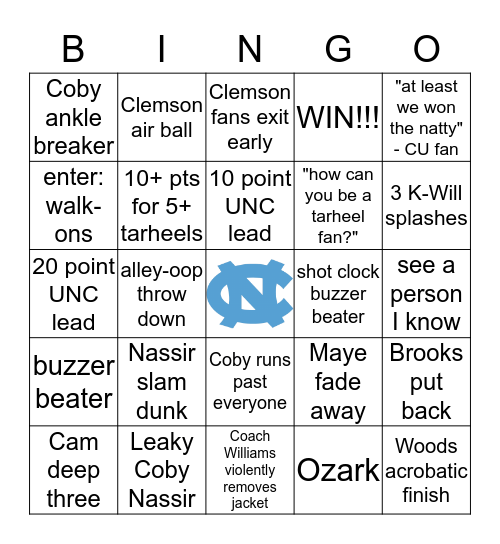 UNC Basketball Bingo Card