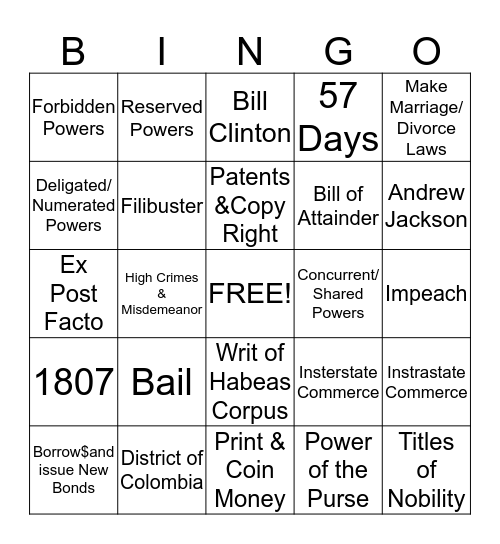 Bingo Card #1 Bingo Card