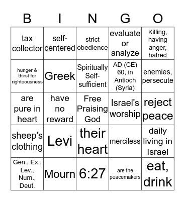 A Mountaintop Experience Bingo Card