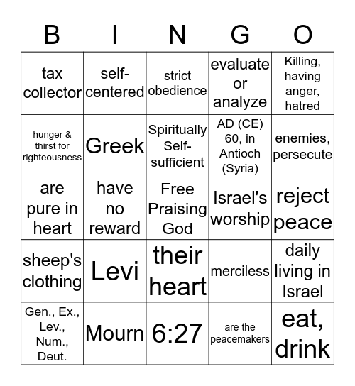 A Mountaintop Experience Bingo Card