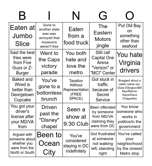 WASHINGTON DC Bingo Card