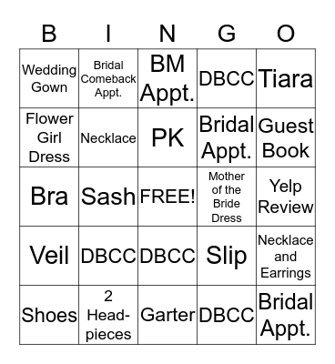 Wedding Stylist Bingo Card
