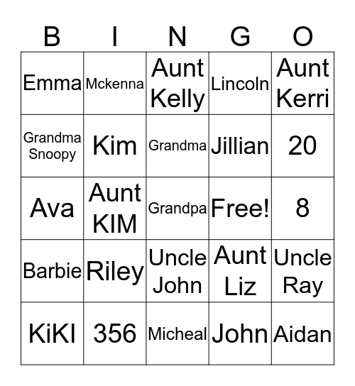 Family Bingo Card