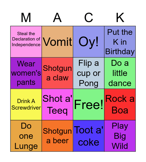 Mack Browne Birthday Bingo Card