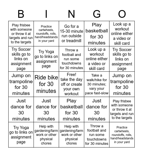 Phsysical Education Bingo Card