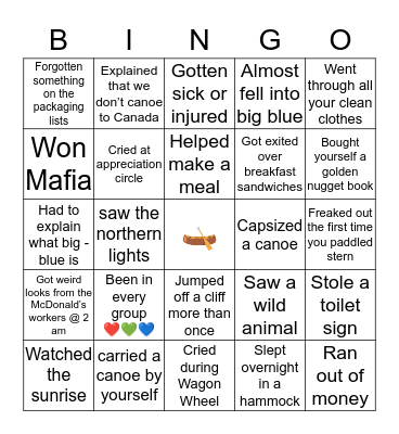 Canoe Trip Bingo Card