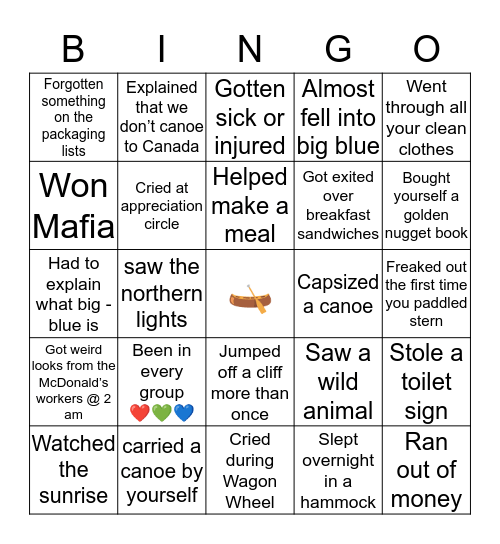 Canoe Trip Bingo Card