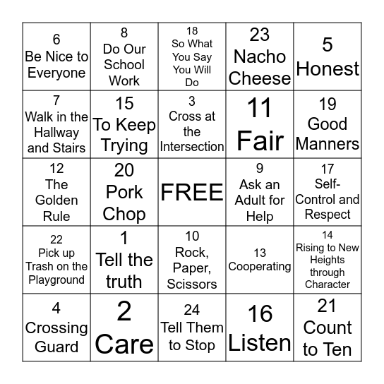 Making Character Count Bingo Card