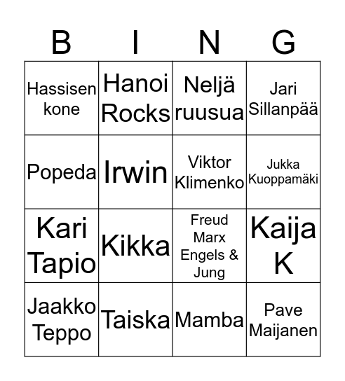 Artist bingo, Suomi 1 Bingo Card