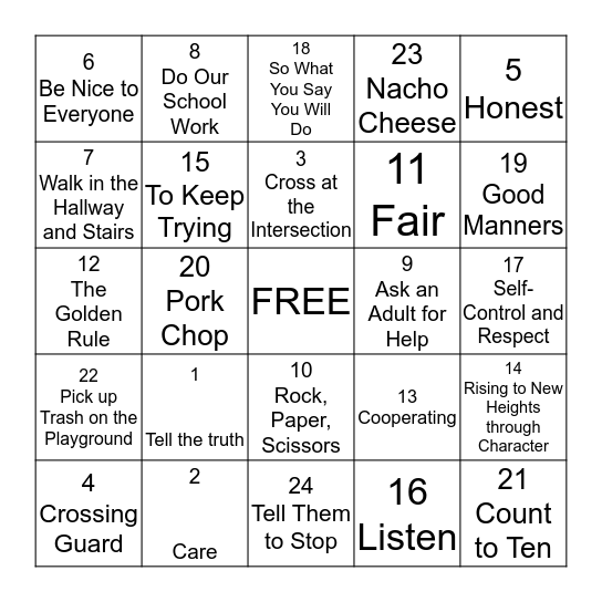 Making Character Count Bingo Card